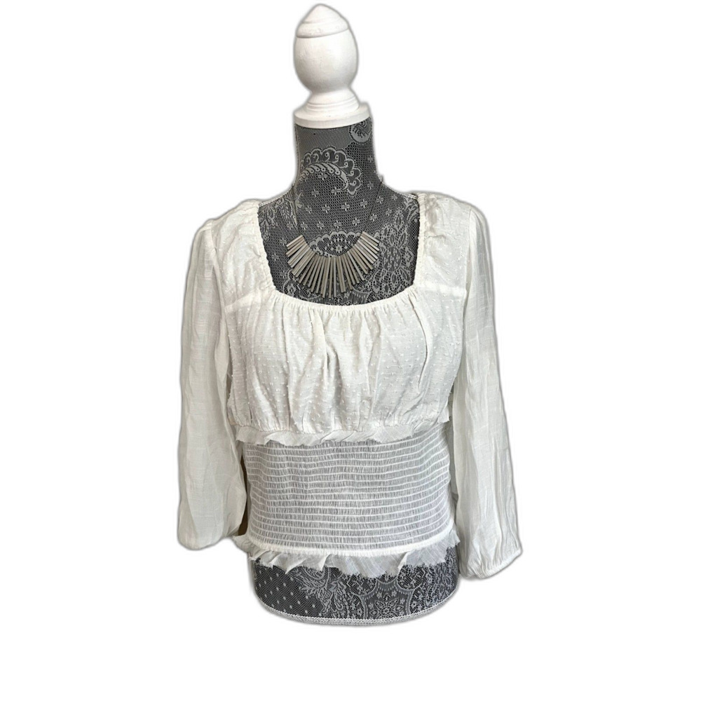 ByBy Women's Smocked Waist Puff-Sleeve Crop Top Shirt Blouse, White, Large